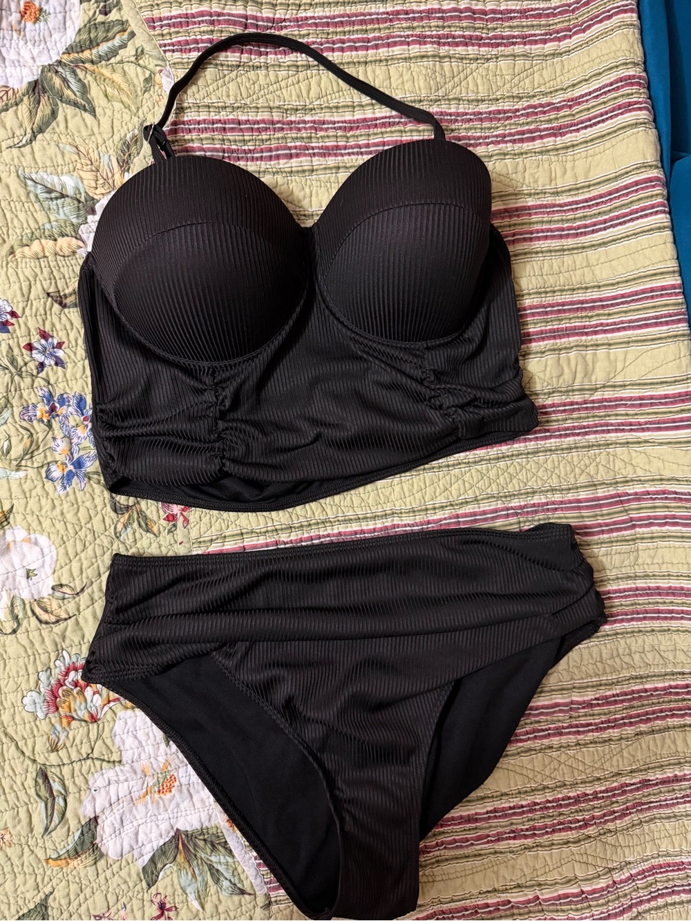 Time and Tru Black Ribbed Longline Bikini Set